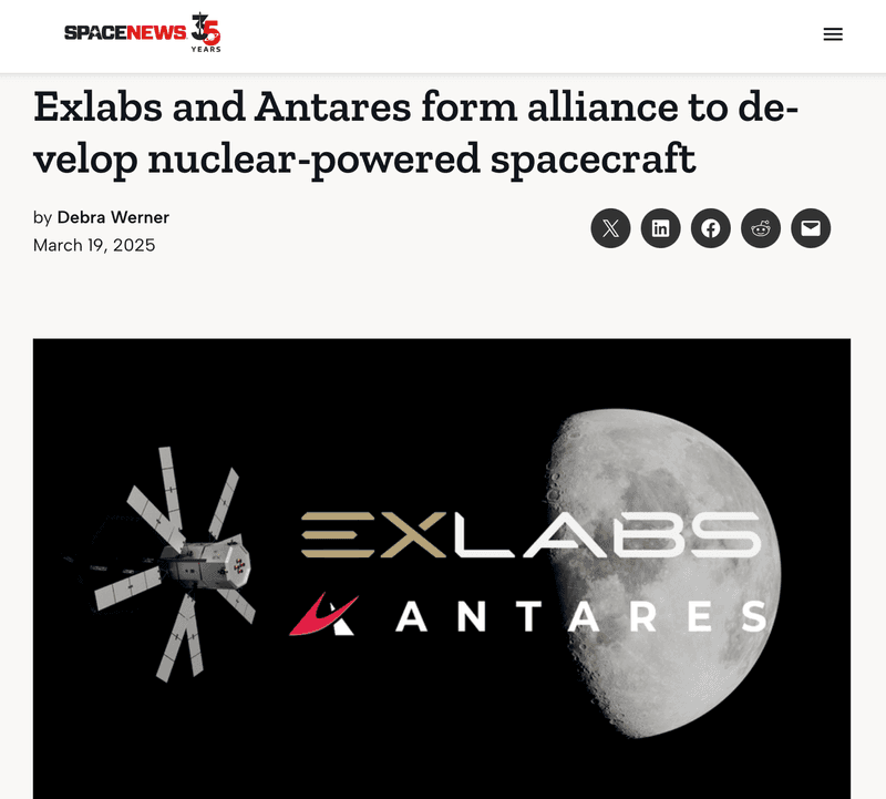 ExLabs and Antares Form Alliance to Develop Nuclear-Powered Spacecraft | Space News